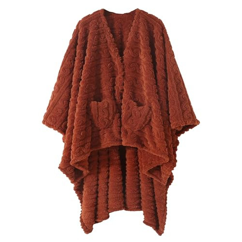 Wearable Blanket Sherpa Fleece Shawl Blanket with Pockets Blanket Poncho Cape for Adults, Cozy Shawl TV Throw Blankets (Rust, 58'' x 64'') | Amazon (US)