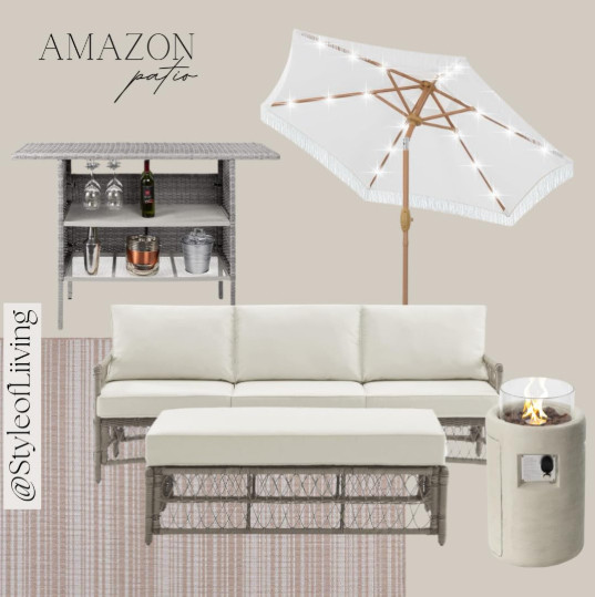 Patio furniture and bar from Amazon. Wicker sofa and ottoman, column fire pit, umbrella with lights, area rug, and bar. #founditonamazon #amazonhome #amazonfinds #patio #outdoorfurniture 

 #LTKSeasonal #LTKHome #LTKSaleAlert