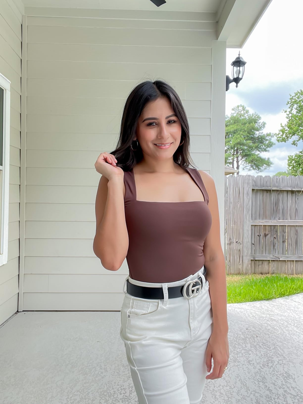 QINSEN Womens Sexy Square Neck Bodysuit Sleeveless Double Lined T Shirt Tops | Amazon (US)