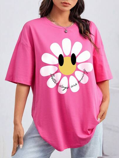 SHEIN Qutie Cartoon & Slogan Graphic Drop Shoulder Oversized Tee | SHEIN