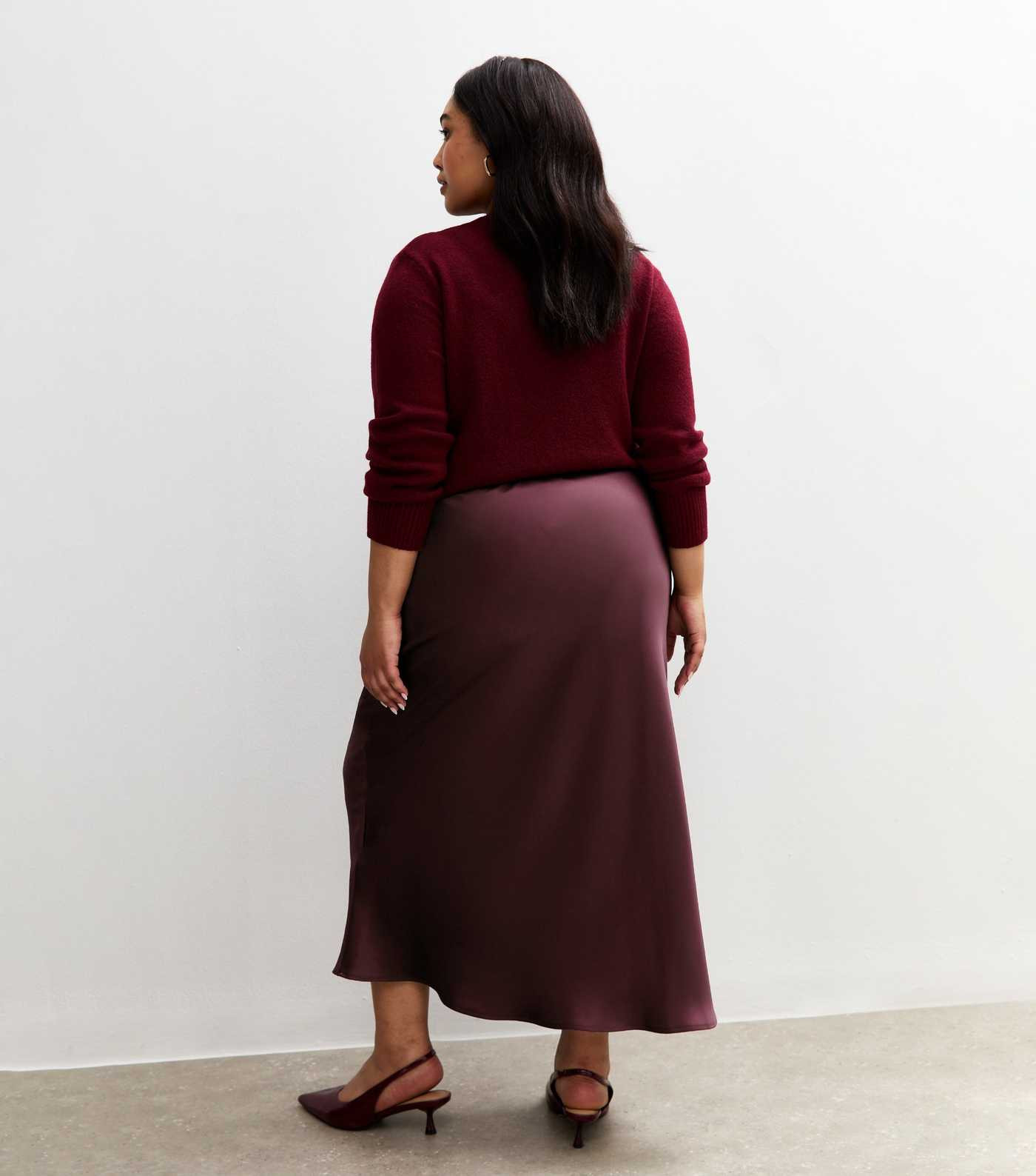 Curves Burgundy Satin Bias Cut Midi Skirt | New Look | New Look (UK)