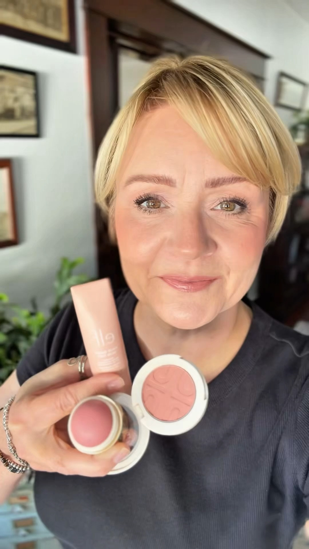 One of my favorite skin tints in shade 6 and these blushes are beautiful.  
Cream blush on  Beverly Hills
Powder blush Sweet as Honey
Lipstick in Fairest Nude
Lip liner in Nude Beige
Eyeliner in All Time Olive

#LTKBeauty #LTKOver40