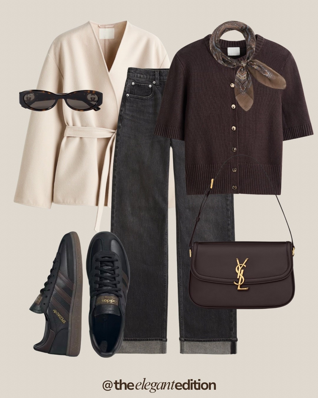 Adidas Spezial Spring Outfit 🤍🤎
Tags: charcoal grey denim straight leg cuffed cream blazer belted oversized chocolate brown cardigan short sleeve knit button up silk scarf brown paisley print Adidas Spezial sneakers black gum sole chocolate brown YSL shoulder bag crossbody gold hardware sunglasses black oval spring transitional casual chic sporty elegant
#LTKspring #LTKstyletip #LTKshoes​​​​​​​​​​​​​​​​

#LTKspring #LTKstyletip #LTKeurope