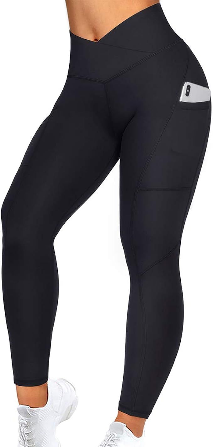 RUUHEE Women V Cross Waist Reflective High Waisted Crossover Leggings with Pockets Yoga Pants | Amazon (US)