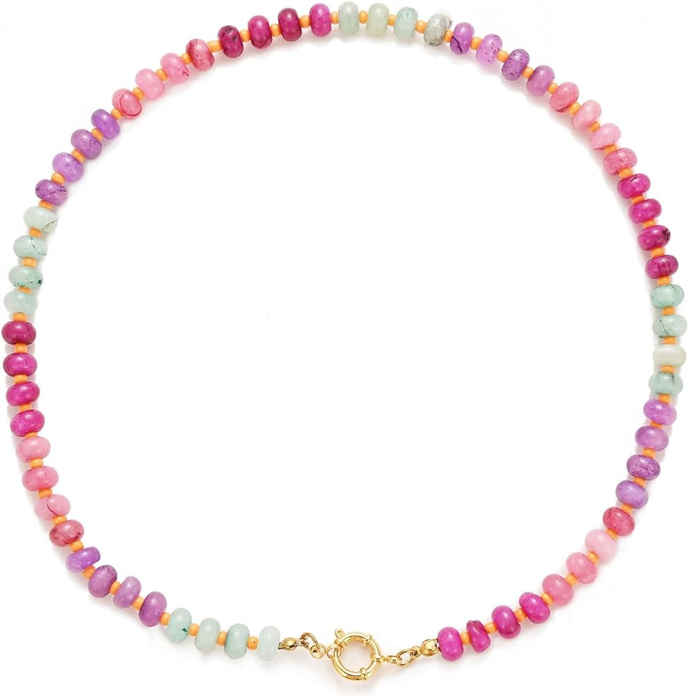 Natural Stone Beaded Necklace for Women Boho Colorful Beads Choker Necklace Rainbow Charm Necklac... | Amazon (US)