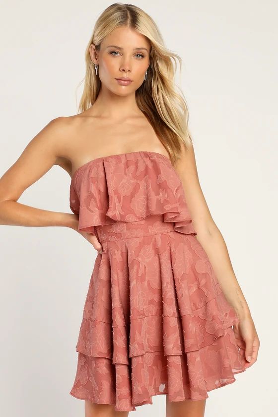 True Lover Mauve Burnout Floral Ruffled Strapless Mini Dress | Lulus (US)