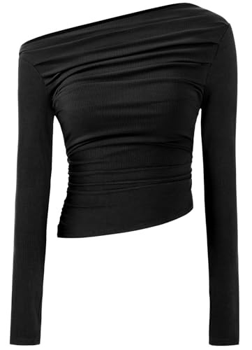 TARSE Womens Long Sleeve Off The Shoulder Tops Ruched Casual Boat Neck Going Out Slim Fit Sexy T Shirts Y2K Date Night Trendy Fall Sweater Shirts Outfits Top Black XL | Amazon (US)