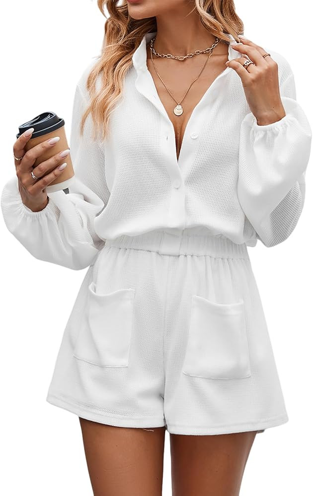 Women's Long Sleeve Romper Shorts Button Up Smocked Waist Waffle Knit Lounge Rompers Short Jumpsu... | Amazon (US)