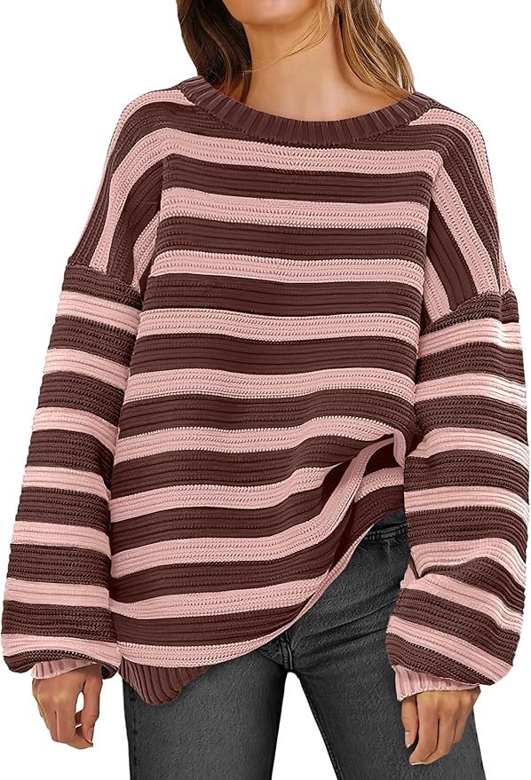 Caracilia Women's Oversized Striped Sweaters Long Sleeve Crewneck Chunky Knit Color Block 2024 Tr... | Amazon (US)