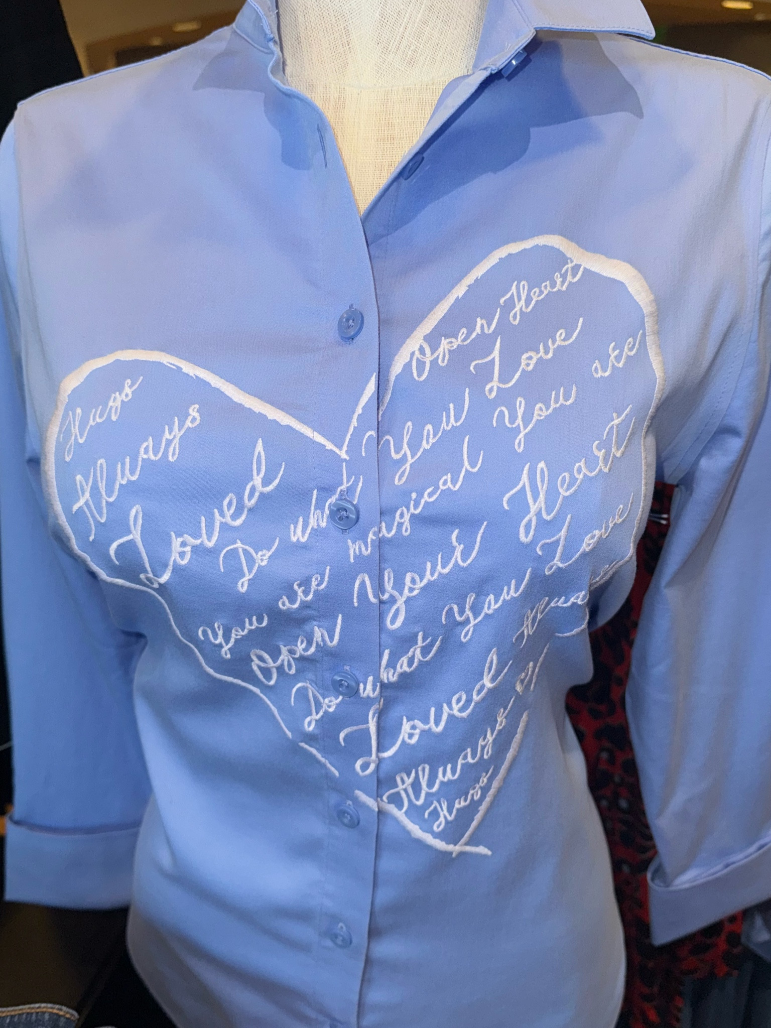 Well LOVE is 💙💙💙 IN THE Air at Chicos! 

This no iron button down is SO nice!

It feels so comfy on!
Unique Print - Nice Meaning 💙