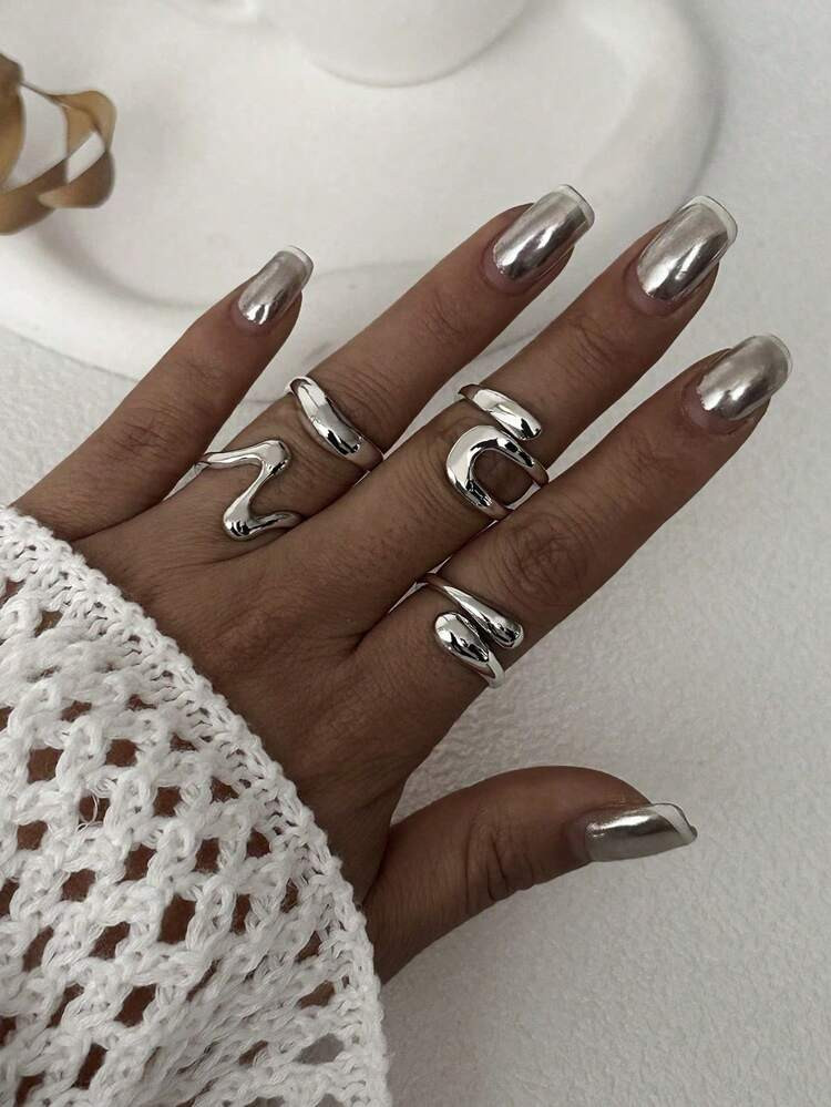 4pcs/Set Vintage Geometric Circle Open Ring & Asymmetric Liquid Ring Jewelry Set, Suitable For Women's Festivals, Parties And Daily Wear | SHEIN