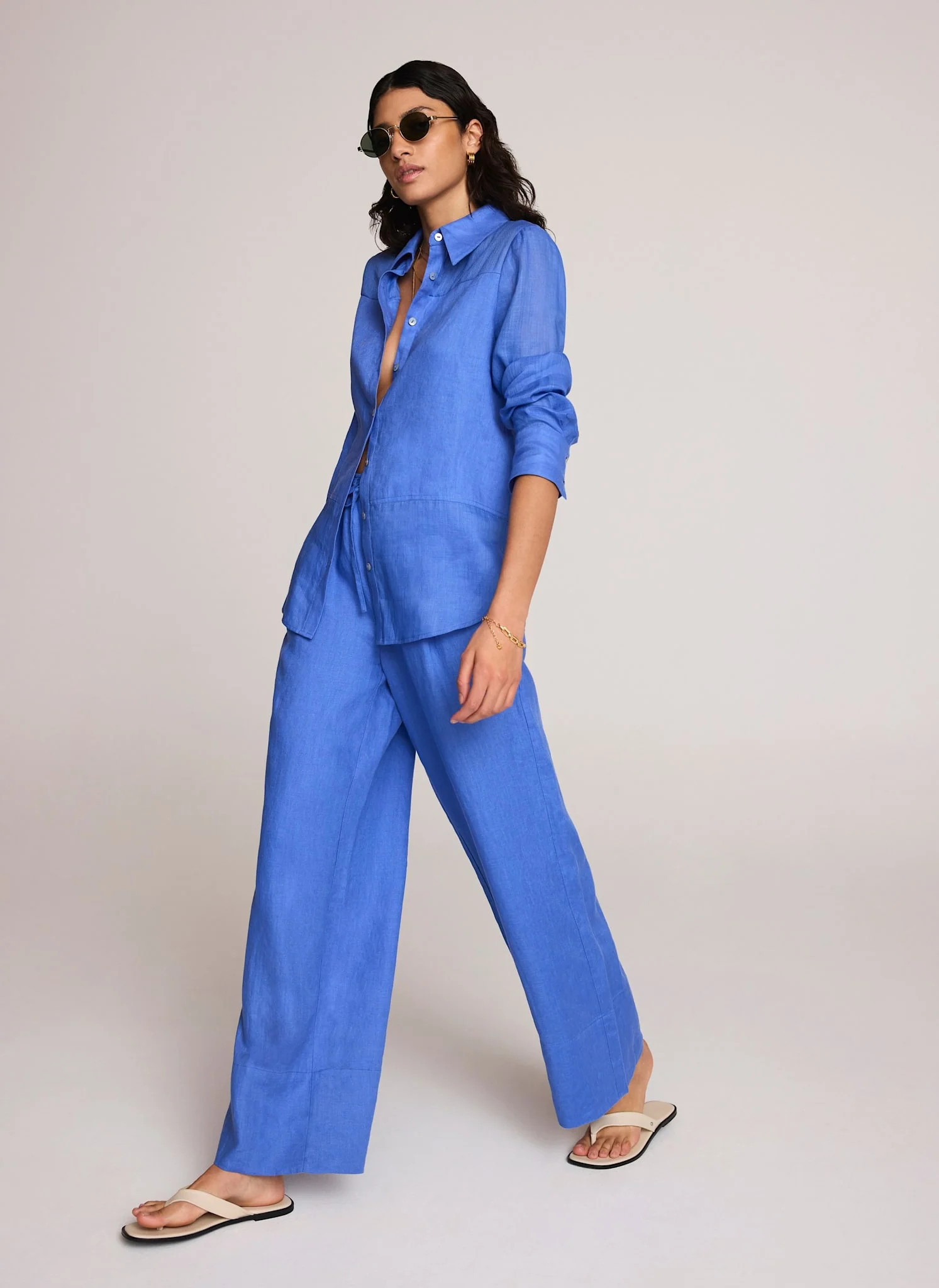 Blue Linen Drawstring Wide Leg Trousers | Mint Velvet