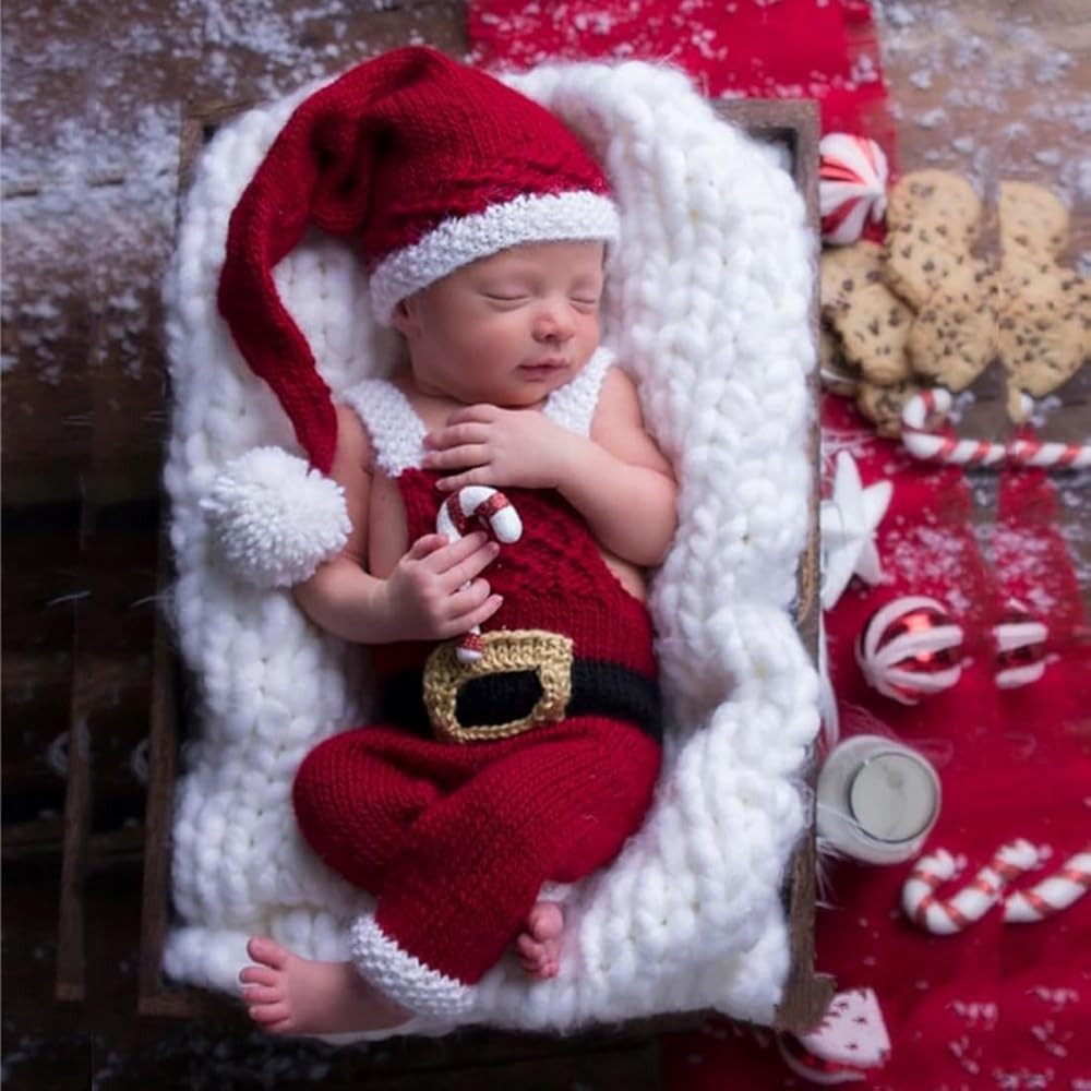 Christmas Newborn Photography Props Boy Girl Crochet Clothes Santa Claus Red Hat Pants Photo Shoo... | Amazon (US)
