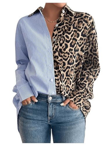 BEAUDRM Women's Colorblock Striped Leopard Shirt Button Down Cheetah Shirt Long Sleeve Drop Shoulder Blouse Blue and Brown XX-Large | Amazon (US)