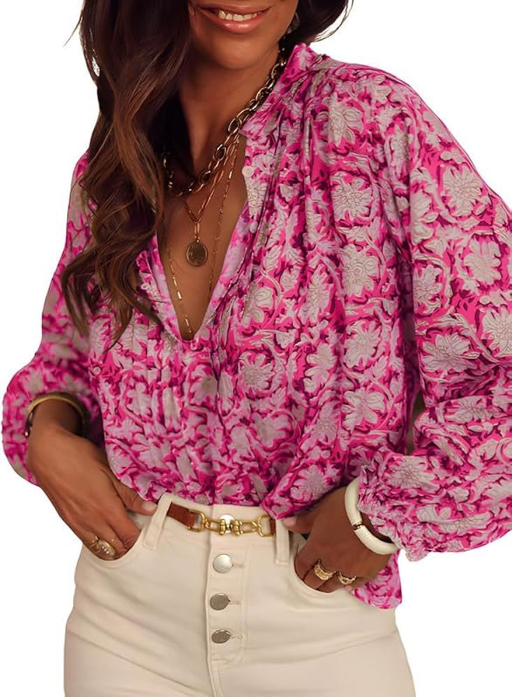 SHEWIN Women's Spring Tops Casual V Neck Long Sleeve Shirts Floral Boho Blouses | Amazon (US)