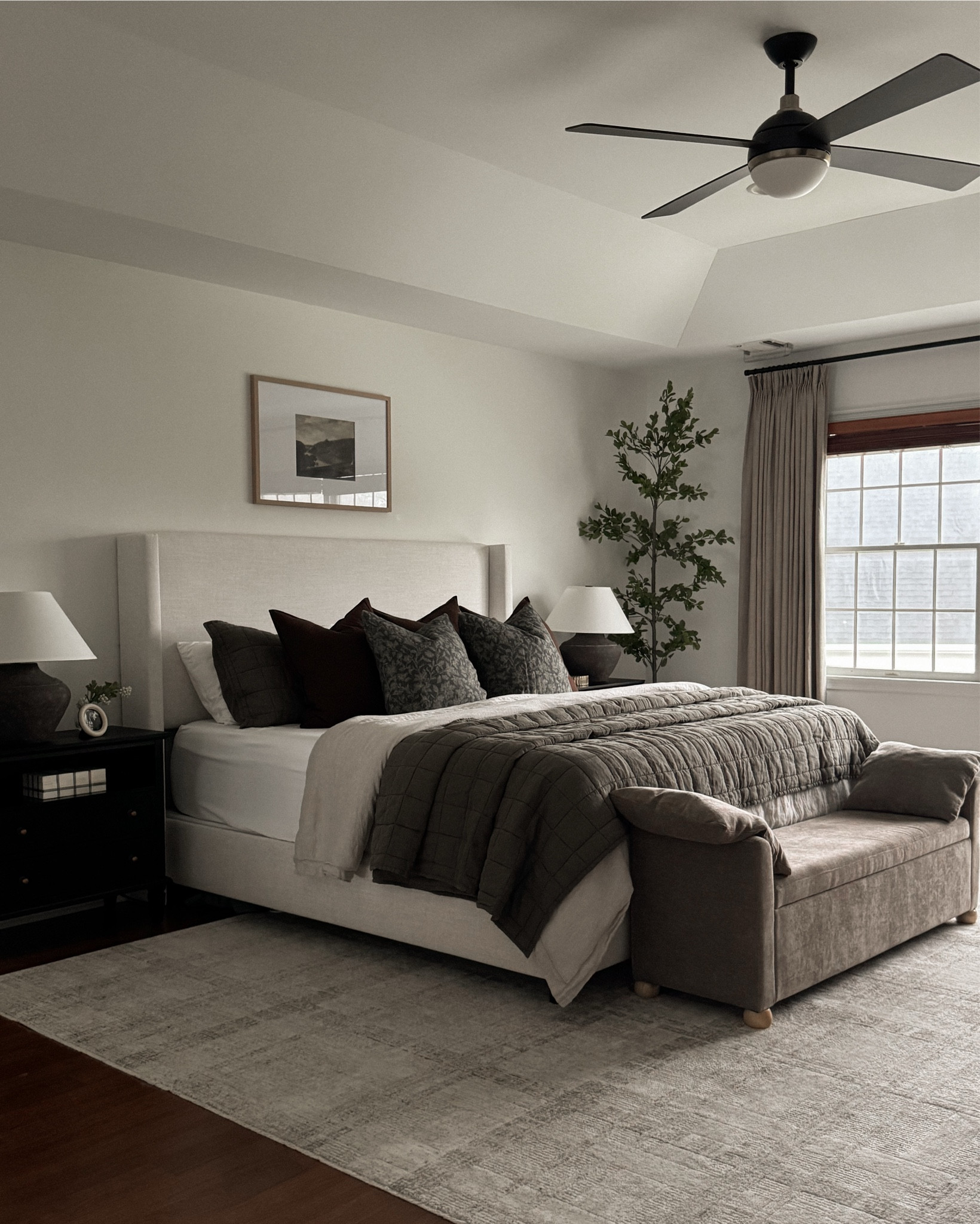 Bedroom decor, bedroom rug, bedroom curtains, photo olive tree, nightstand, charging nightstand, nightstand decor, bedding, Moody bedroom, bed bench

#LTKHome