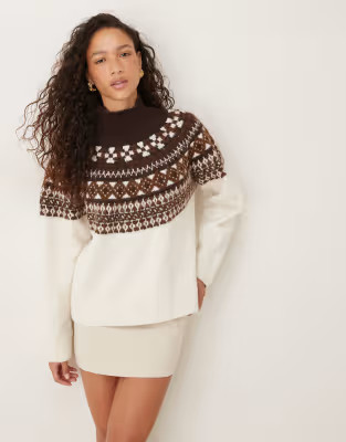 JJXX roll neck knit jumper with fairisle print in crem | ASOS (Global)