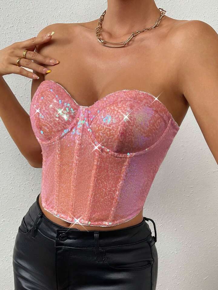 SHEIN BAE Sequin Bustier Crop Tube Top | SHEIN