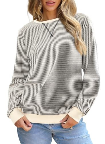 SHEWIN Womens Striped Sweatshirt Crewneck Pullover Tops Apricot, Size S | Amazon (US)