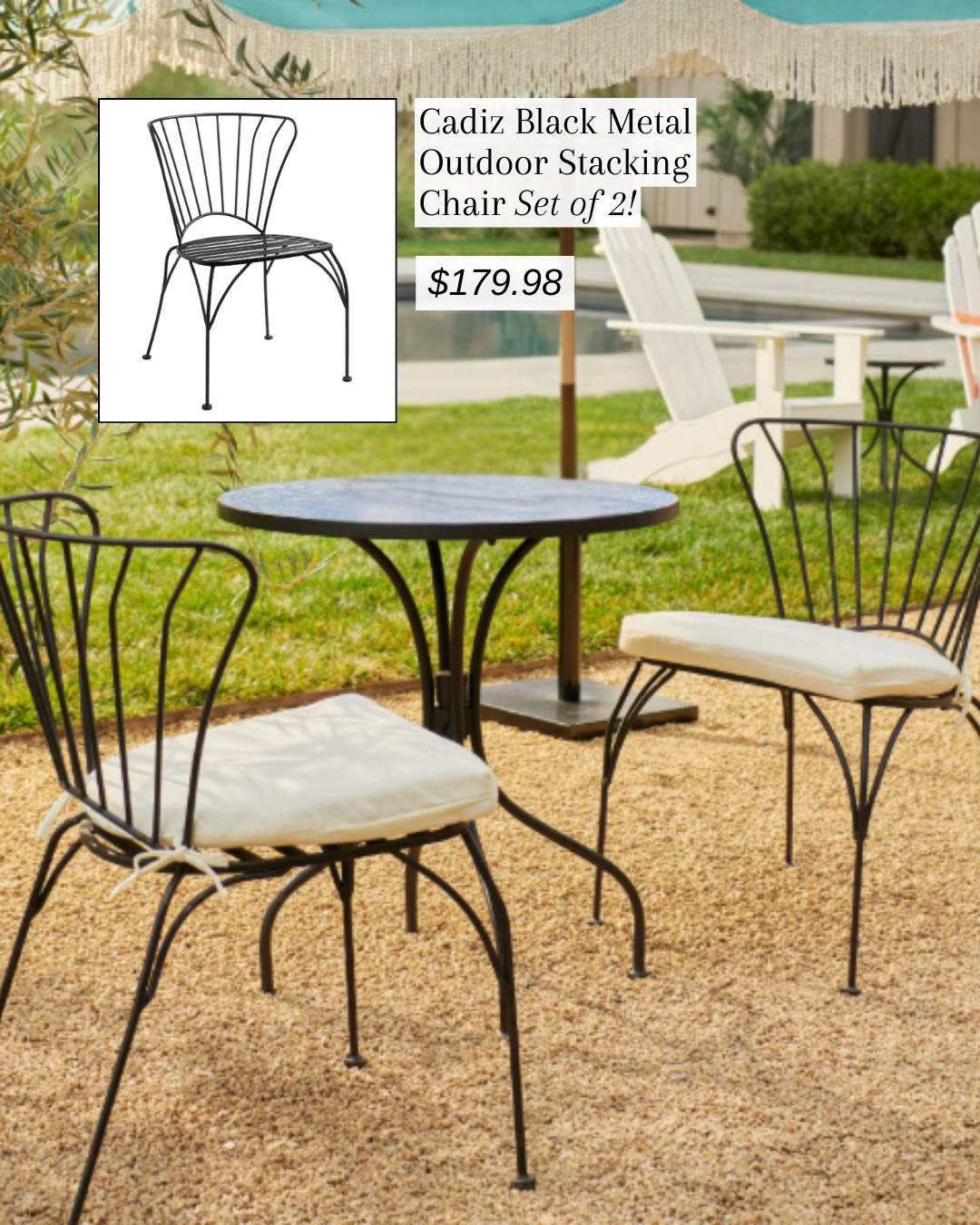 Made of iron with powder-coated black finish. Cadiz black metal outdoor stacking chair set of 2 from World Market for $179.98!
#patiofurniture #worldmarket #europeanstyle #outdoorfurniture #outdoorchairs #patioseating  

 

#LTKSeasonal #LTKHome #LTKTravel