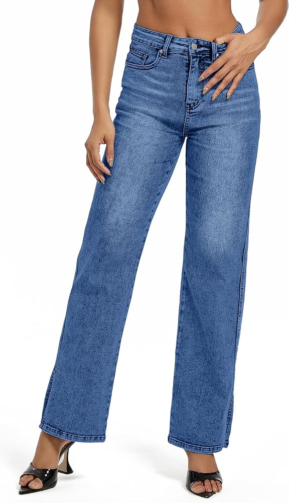 Womens Jeans Hig Waisted Straight Leg Loose Stretchy Tummy Control Trendy Side Slit Jeans for Wom... | Amazon (US)