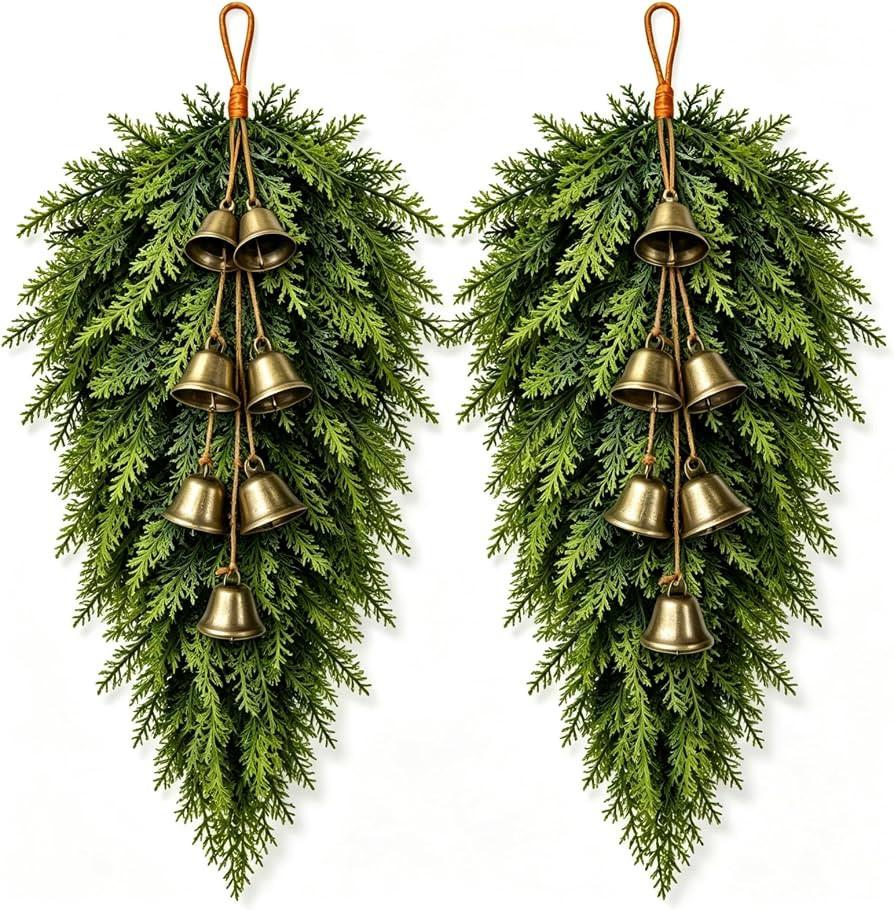 ICX 2 Pcs Christmas Swag with Bells, 27.5" Artificial Cedar Teardrop Swag | Amazon (US)