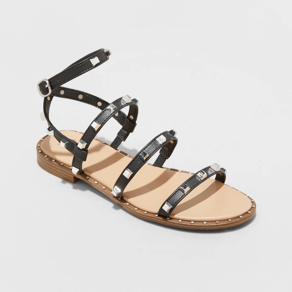 Women's Astrid Wide Width Studded Strappy Sandals - A New Day Black 8W | Target