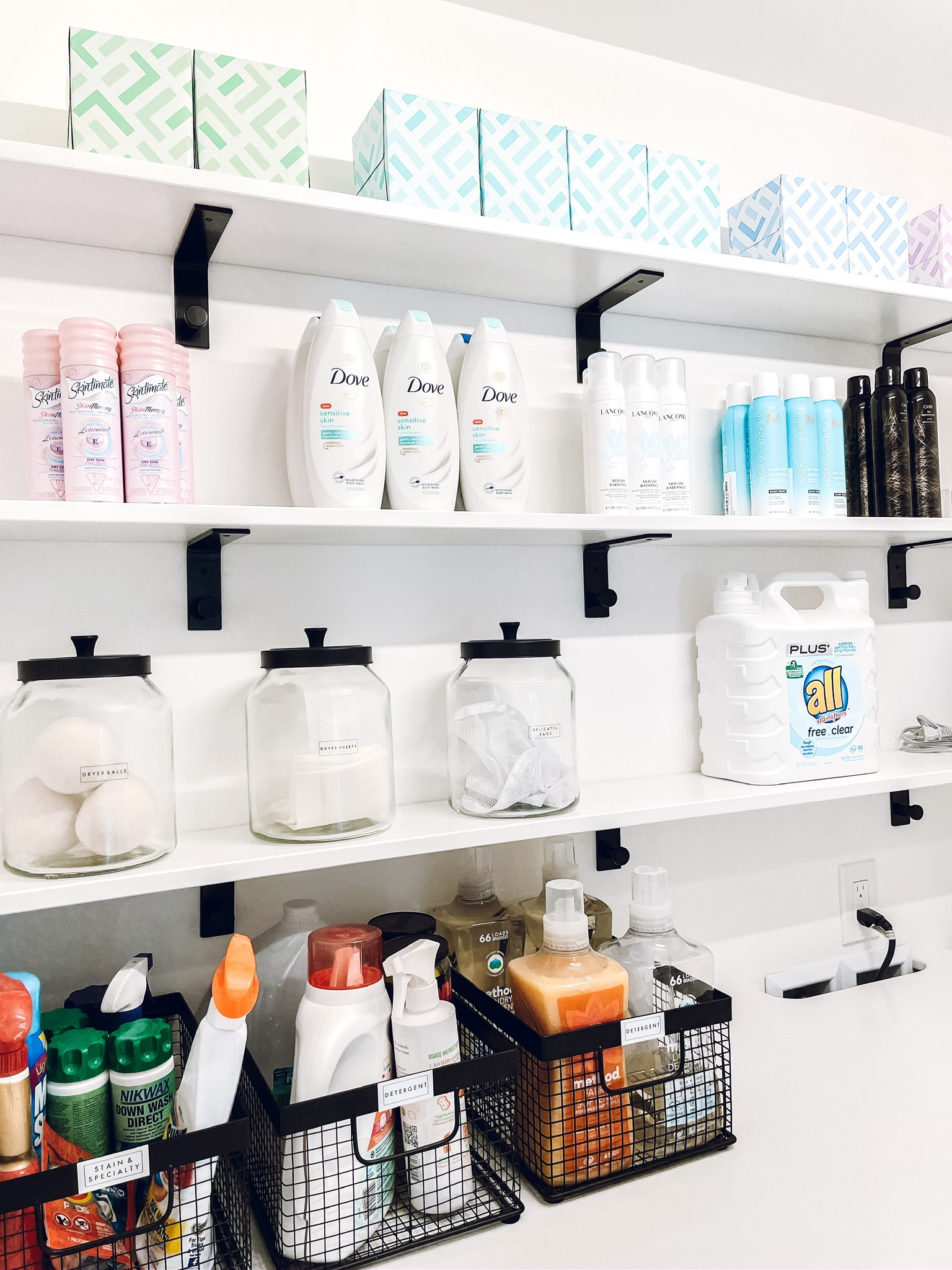 Laundry Room Organization. Amazon Dove body wash. The Container Store Glass Canister Black Matte Lid. Design Ideas Small Wire Grid Bin✨

#LTKkids #LTKhome #LTKfamily