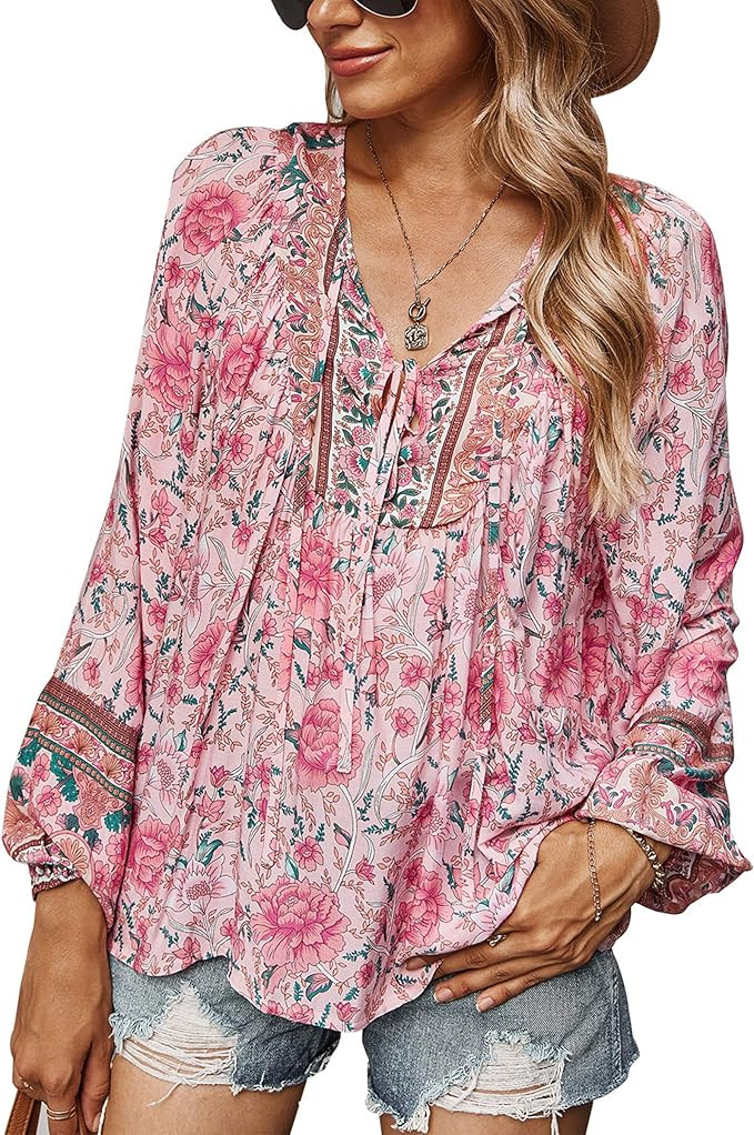 ECOWISH Women Blouse V-Neck Front Tie Knot Floral Printed Long Sleeve Loose Casual Top Shirts | Amazon (US)