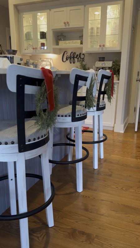 Kitchen counter stools updated! Use velvet ribbon to hang mini wreaths on the back of your stools for a fun festive look! Kitchen Christmas decor

#LTKhome #LTKHoliday #LTKstyletip