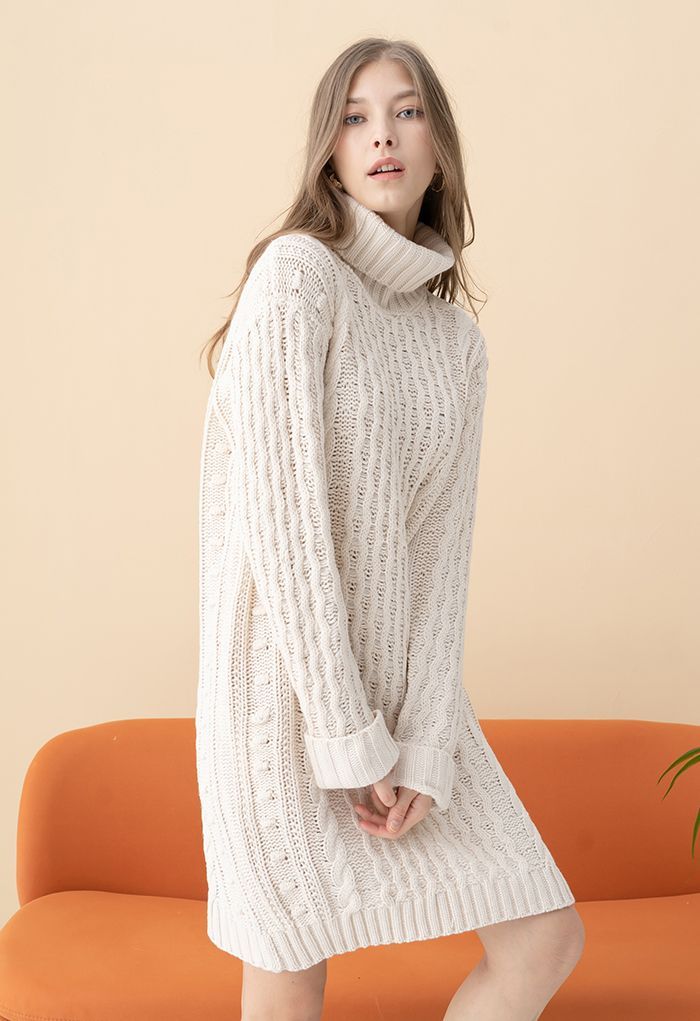 Turtleneck Cable Knit Sweater Dress in Ivory | Chicwish