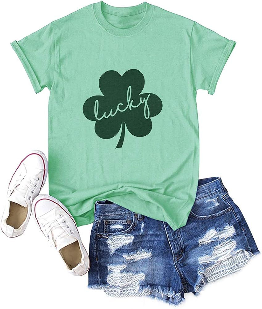 0% Irish St. Patrick's Day Shirts for Women Four-Leaf Clover Printed Short Sleeve Tee Tops | Amazon (US)