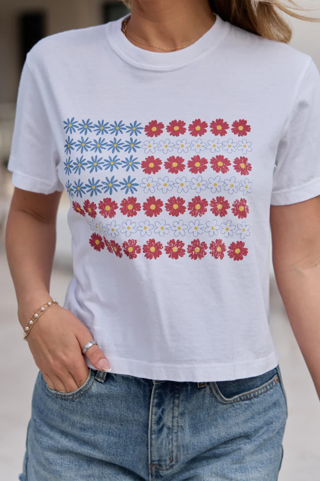 Multi Floral Flag White Boxy Graphic Tee | Pink Lily