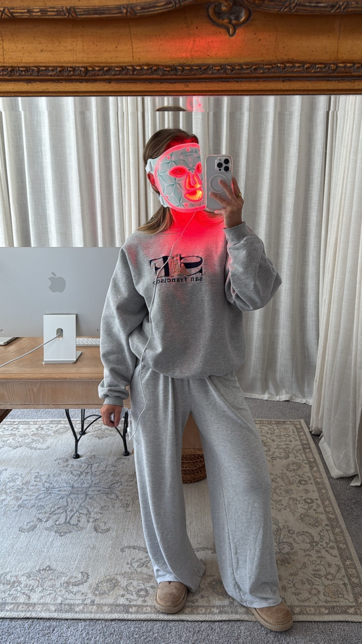 8/9/25 Starting my morning with my Omnilux red light therapy mask ✨ Nothing better than pairing skincare time with cozy vibes in my favorite Abercrombie gray lounge pants (truly wear them nonstop). Linked both so you can shop my exact routine staples.