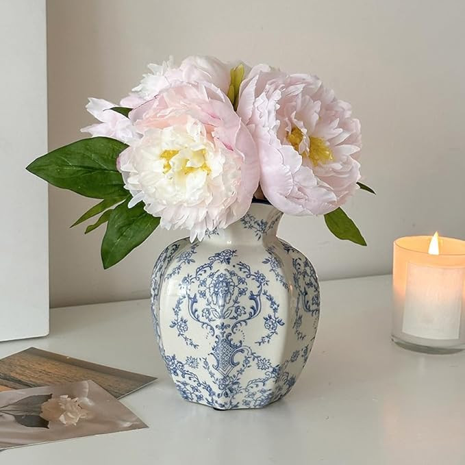 Blue and White Vase, Vintage Blue Ceramic Flower Vase, Chinoiserie Vase for Centerpiece, Porcelai... | Amazon (US)