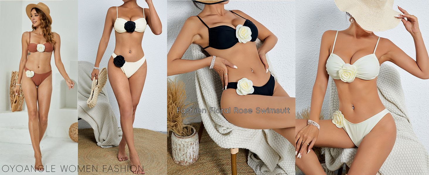 OYOANGLE Women's 2 Piece 3D Rose Bikini Swimsuit Spaghetti Strap High Waisted Bathing Suit Beachw... | Amazon (US)