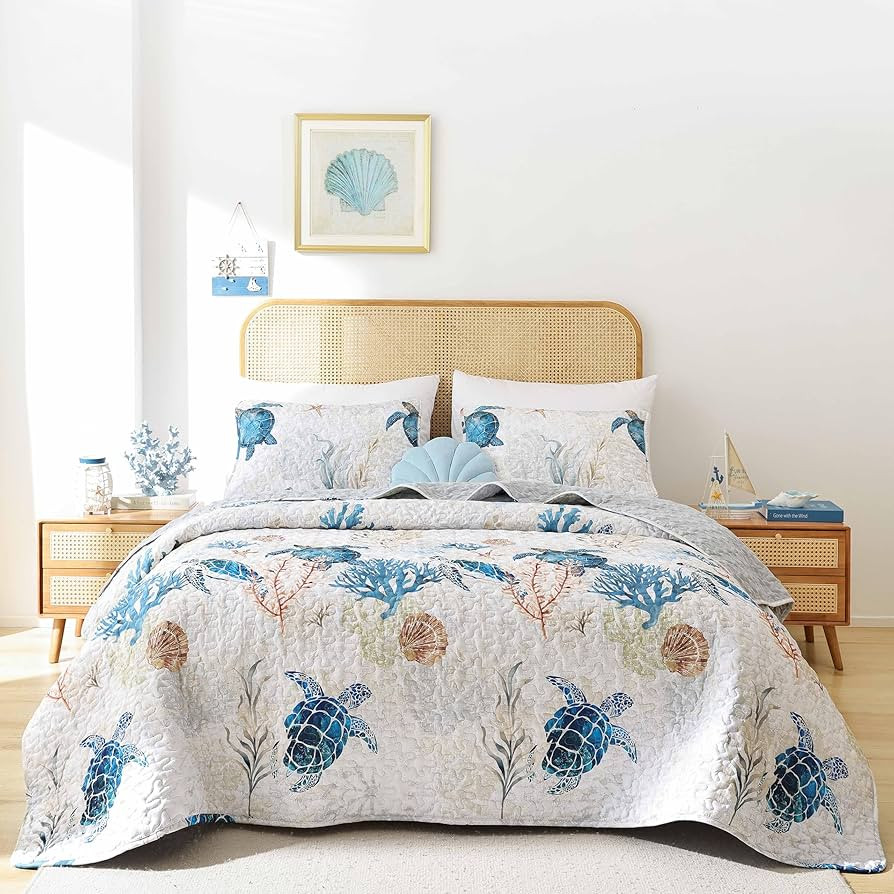 weigelia Coastal Quilts Bedding Set King Size - Summer Green Sea Turtles Nautical Bedding Quilt w... | Amazon (US)