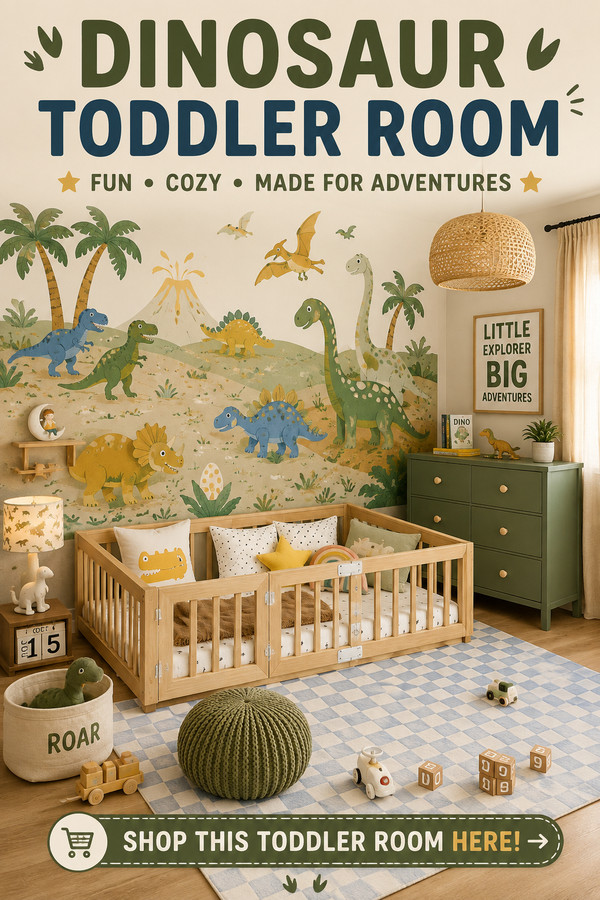 Create a fun and cozy dinosaur toddler room with a playful dinosaur mural, natural wood toddler bed, sage green dresser,