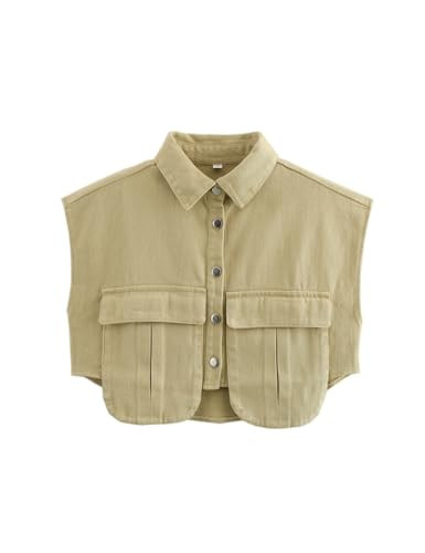 Perbai Womens Cropped Button Down Shirt Summer Collared Sleeveless Loose Denim Top with Pockets(Khaki-L) | Amazon (US)