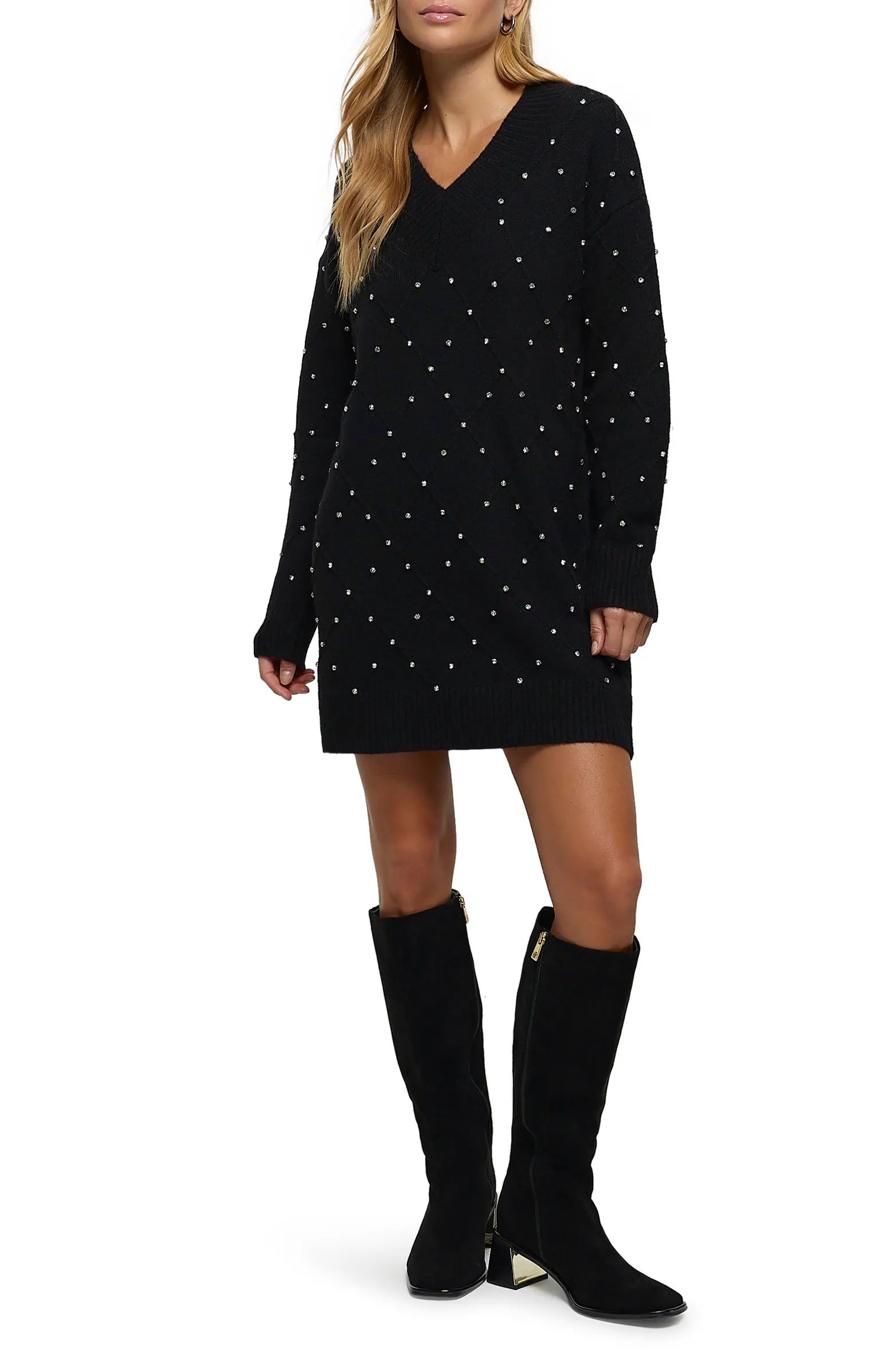 Leonie Crystal Embellished Long Sleeve Sweater Dress | Nordstrom