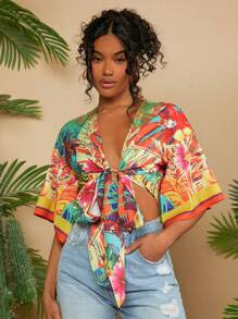 SHEIN VCAY Women's Tropical Print Tie Front Cropped Blouse With Flared Sleeves For Vacation | SHEIN