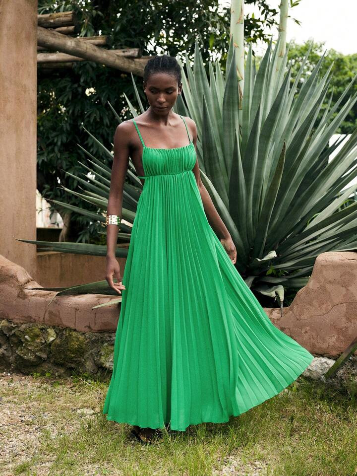 Maija Women's Green Summer Vacation Outfit, Minimalist Bohemian Solid Color Beach Dress, Sleevele... | SHEIN