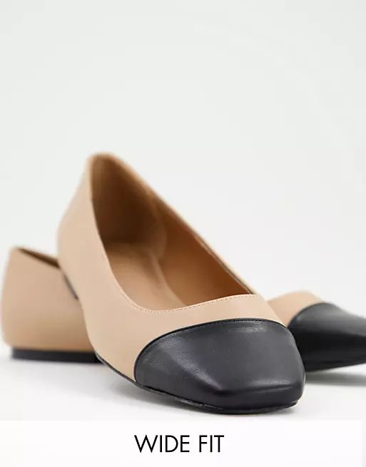 ASOS DESIGN Wide Fit Locket square toe ballet flats in beige and black | ASOS (Global)