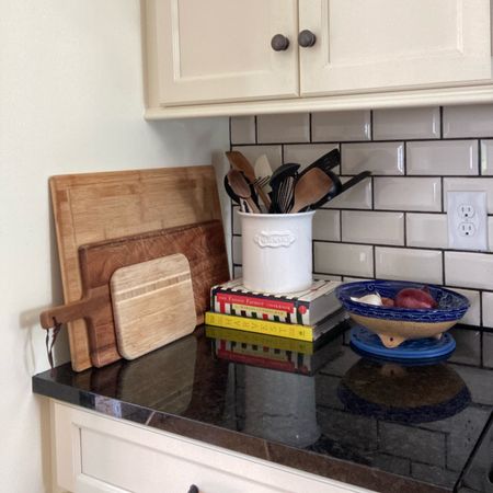 Kitchen styling, kitchen ideas, cookbooks, cutting board, wood serving board, bowl, blue, crock, wood spoon

#LTKhome