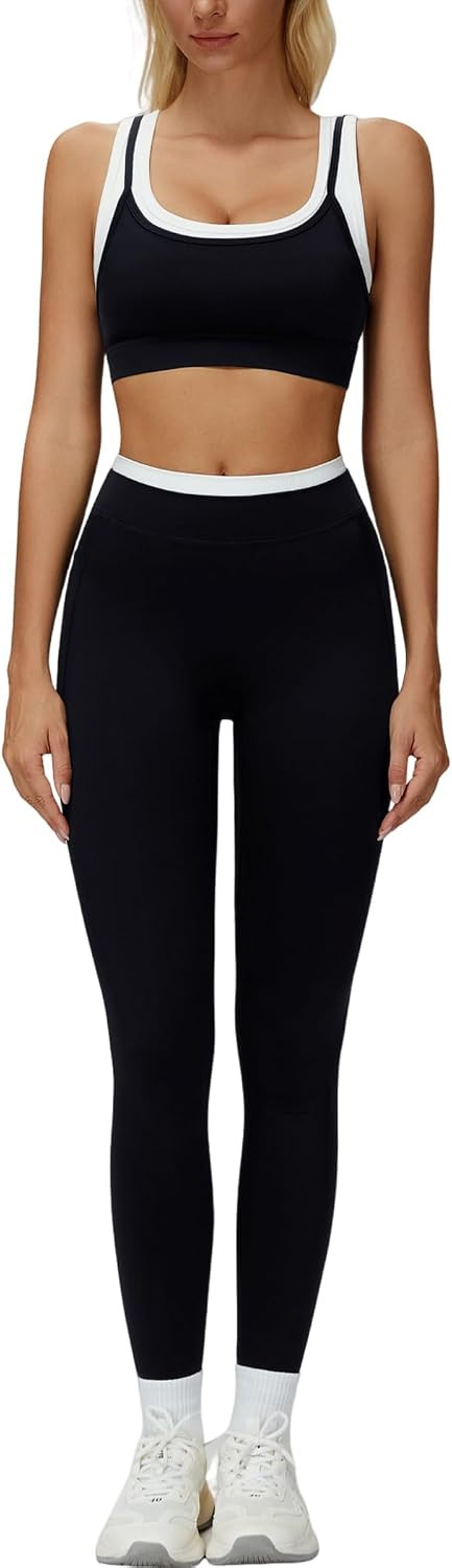 Womens Workout Set Two Piece U Back Color Block Sports Bra Matching High Waist Leggings Gym Pilates Outfits | Amazon (US)