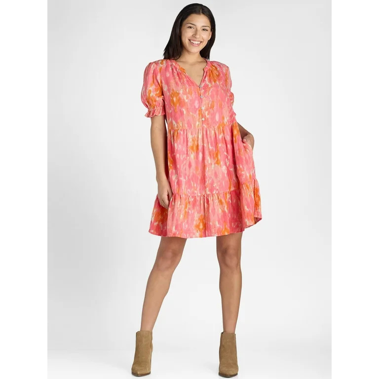 Time and Tru Women’s Cotton Tiered Mini Dress with Short Sleeves, Sizes XS-XXXL | Walmart (US)