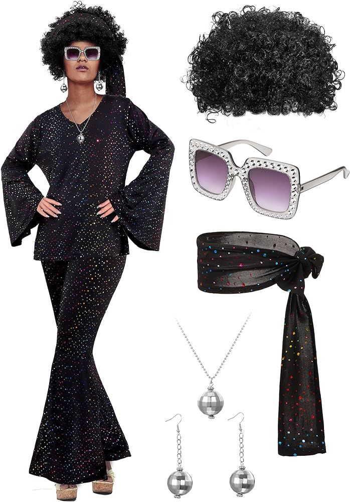 Jexine Halloween 70s Women Disco Costume Set Disco Party Top Pants Sunglasses Ball Necklace Earri... | Amazon (US)