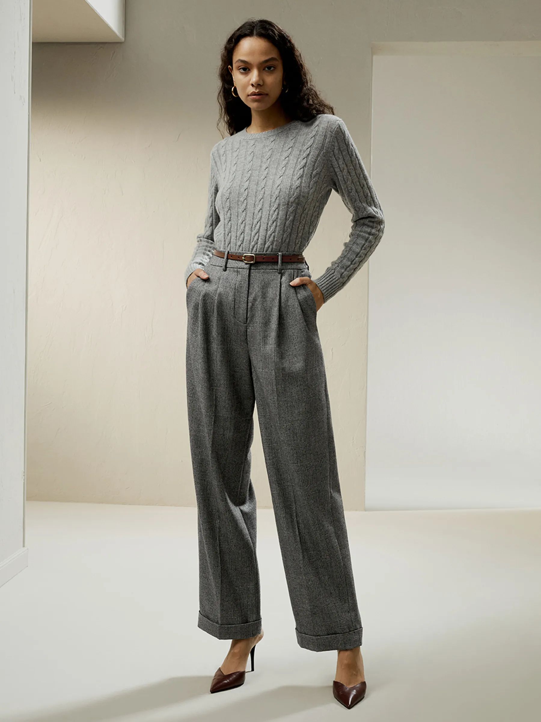 Wide leg wool-flannel suit trousers | LilySilk