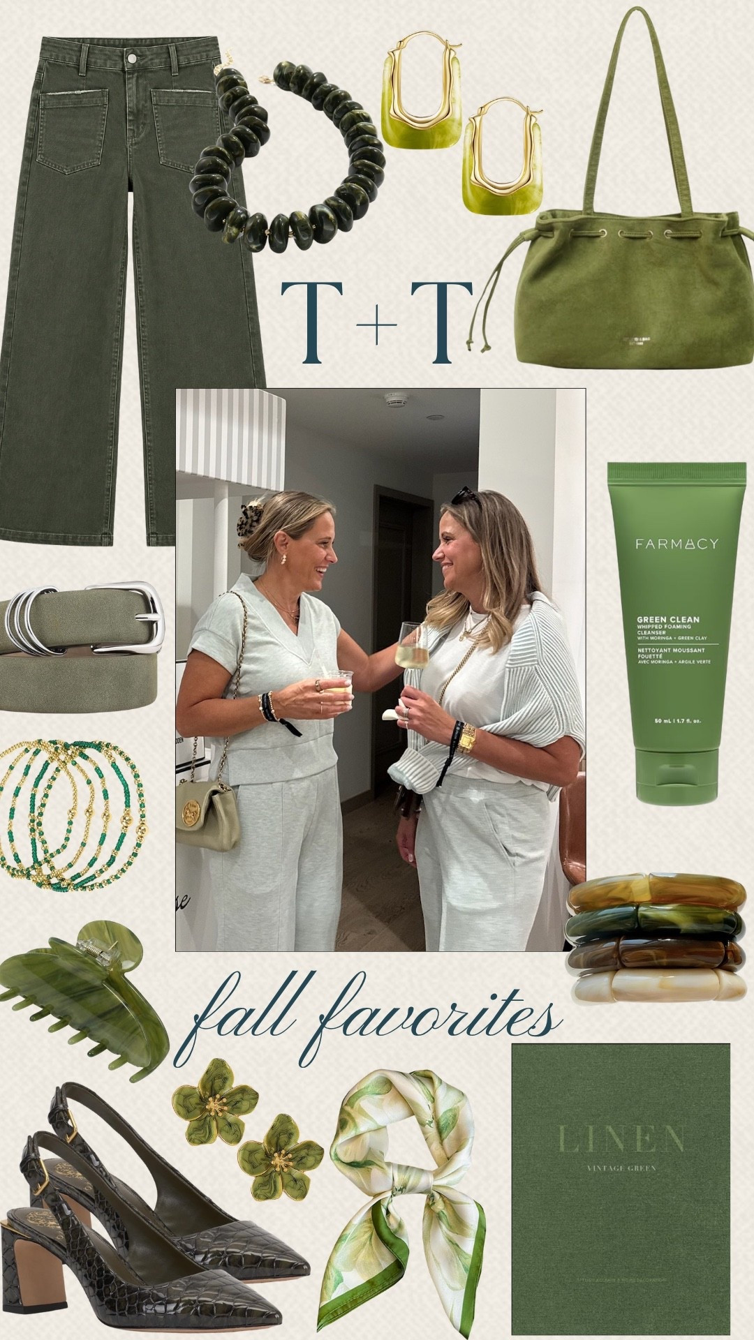 We’re loving olive green for fall, from wide-leg pants and a suede bag to statement jewelry, scarves, and pretty accessories. These are the pieces we’re reaching for to add a rich, earthy touch to our fall wardrobes.