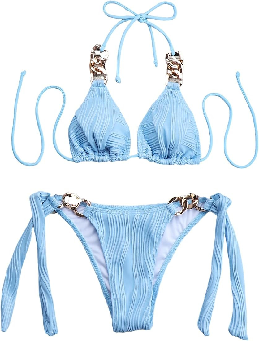 Verdusa Women's 2 Piece Tie Knot Halter Triangle Bikini Sets Swimwear Bathing Suit | Amazon (US)